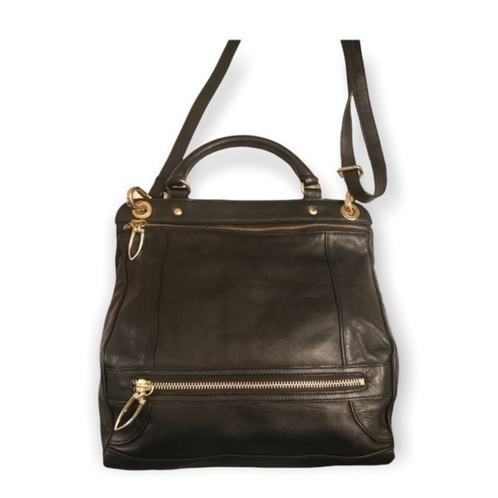Tusk black leather two way messenger top handle crossbody bag